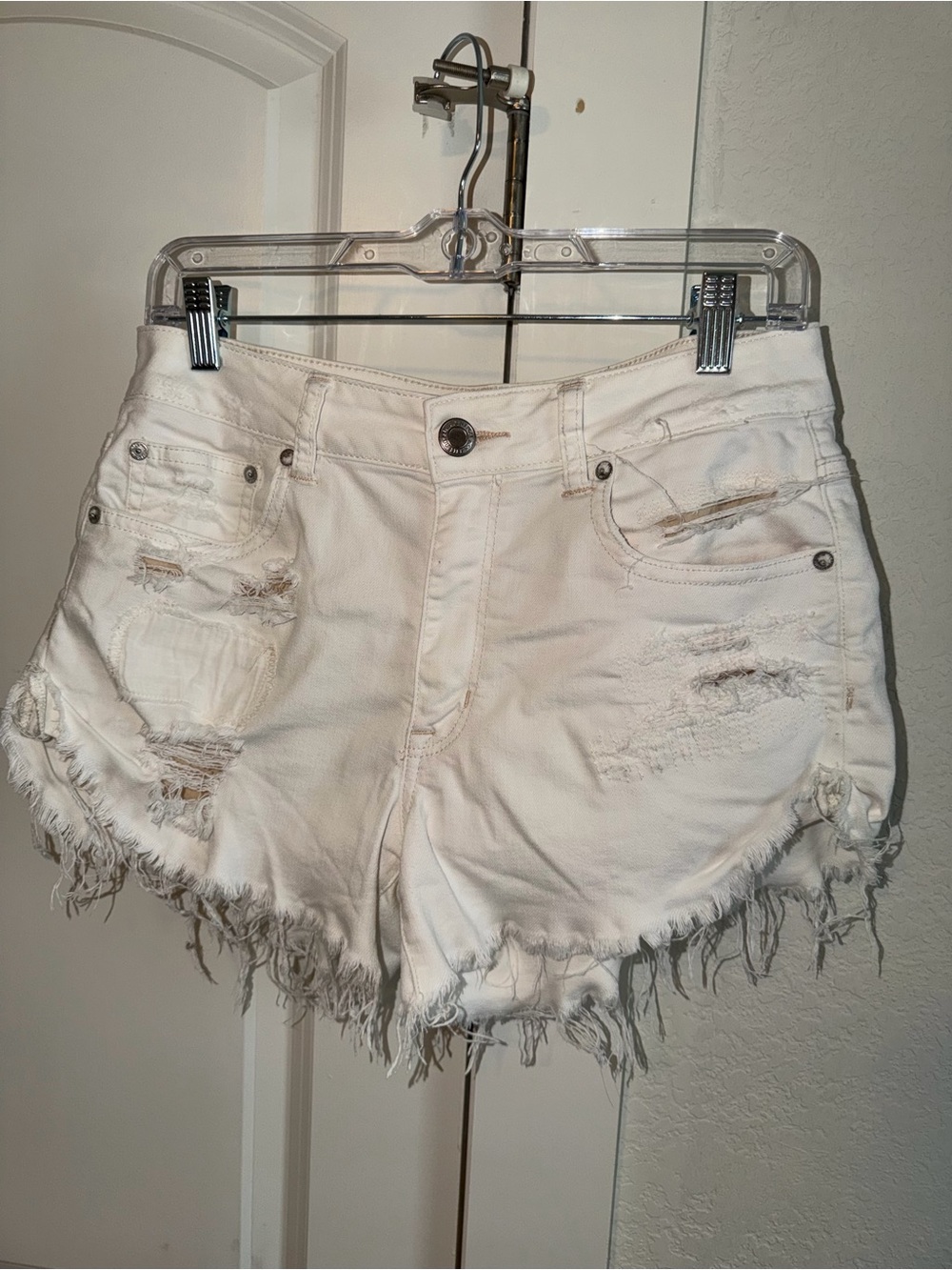 American Eagle Outfitters White Distressed Frayed Denim Shorts